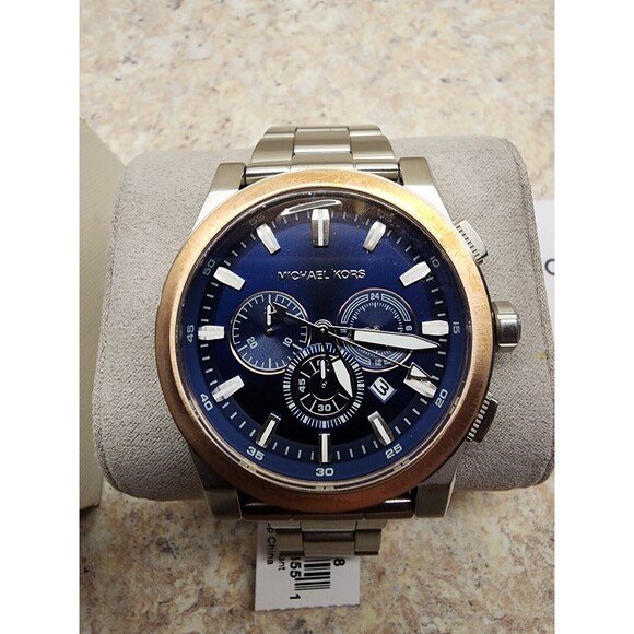 Michael Kors Grayson 47mm Two Tone Steel Blue Dial Quartz Mens Watch MK8598 - Picture 1 of 10